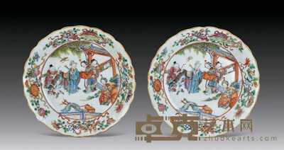 清咸丰 粉彩人物故事花口盘（一对） 直径13.5cm